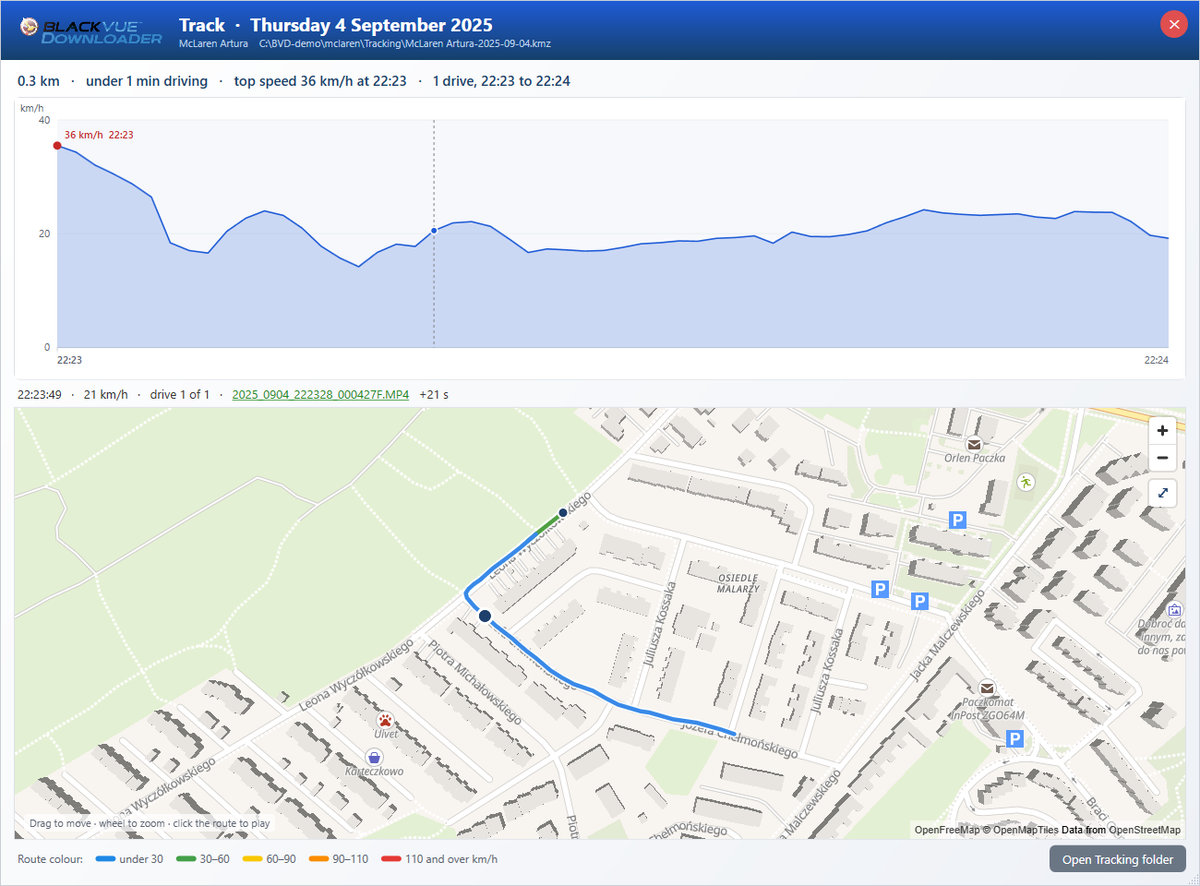 Track window - speed graph and street map