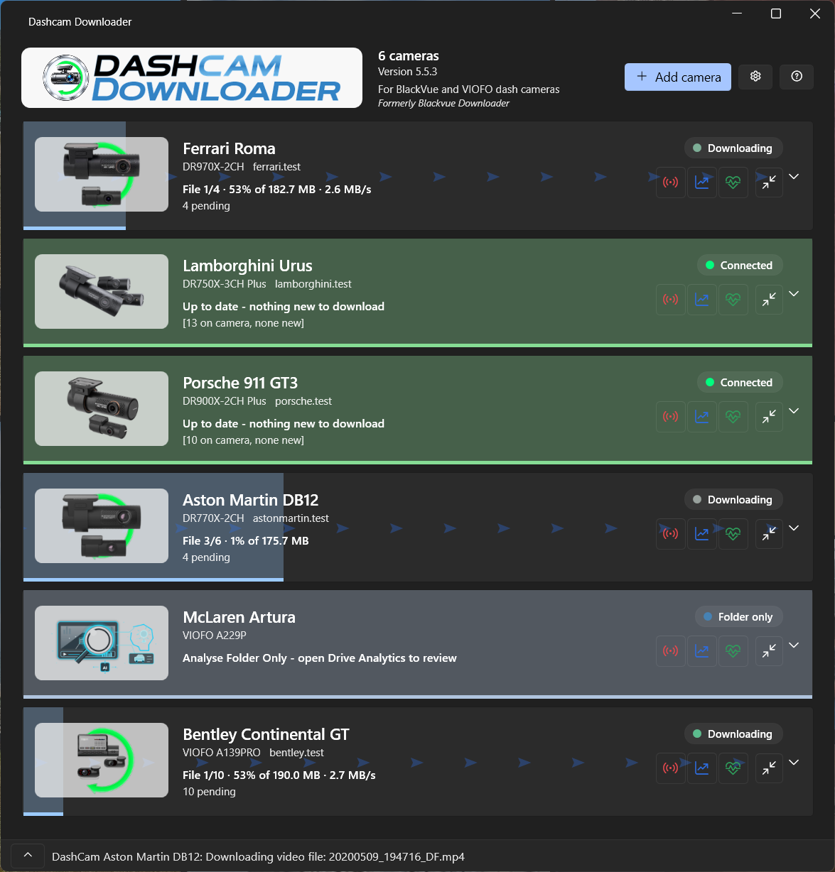 Every camera at a glance - here in Windows dark mode